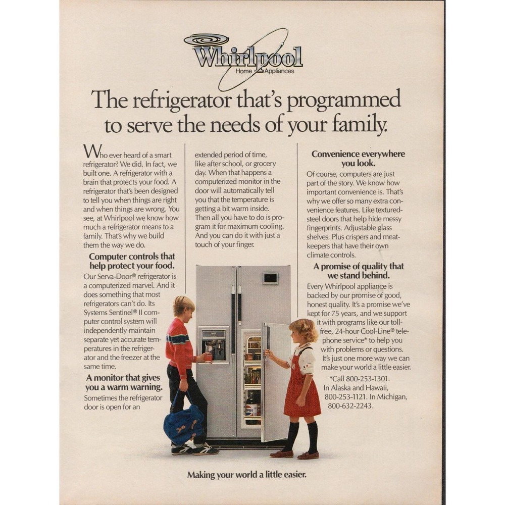 Whirlpool Computerized Refrigerator Smart Kitchen Appliance Family Print Ad 1986
